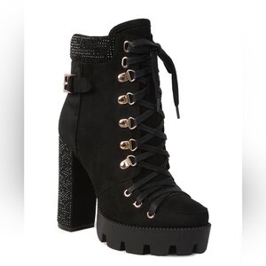 Black Lace-Up Platform Birch Diamante Block Heeled Ankle Boots Womens 8, 8.5 & 9